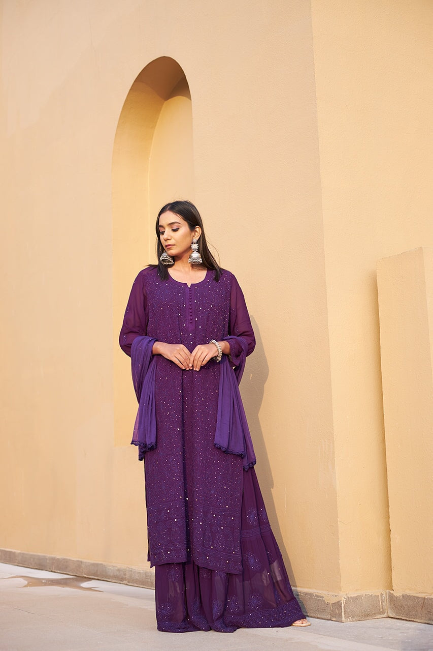 Nagma Premium Chikankari Mukaish Viscose Set Purple Viscose