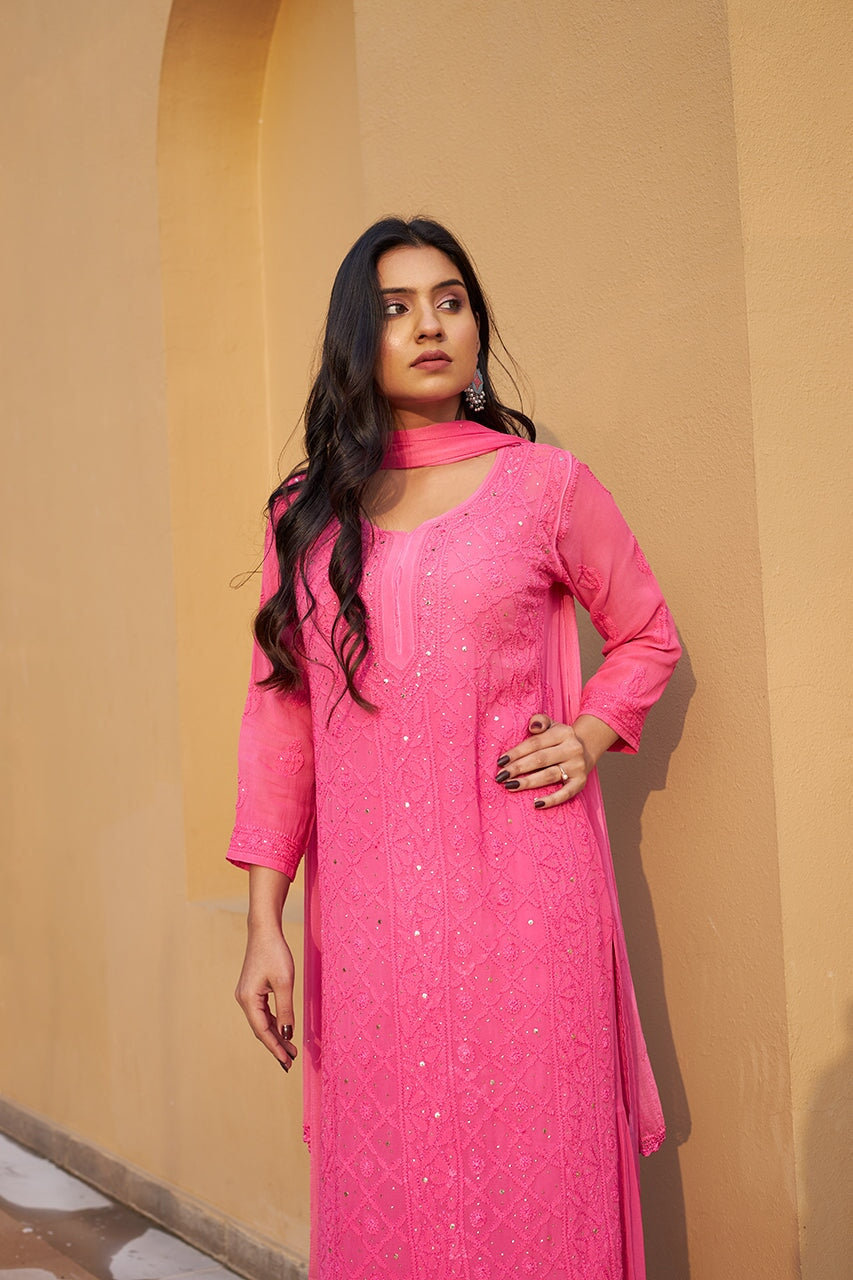 Nagma Premium Chikankari Mukaish Viscose Set Lotus Pink Viscose