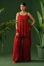 Load image into Gallery viewer, Fiza Designer Mukaish Chikankari Noodle Gharara Set Red