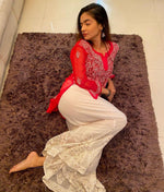 Load image into Gallery viewer, Anushka Styled Chikankari Short Top Red XS Semi Georgette