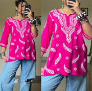 Aafri Rayon Chikankari Short Top Pink