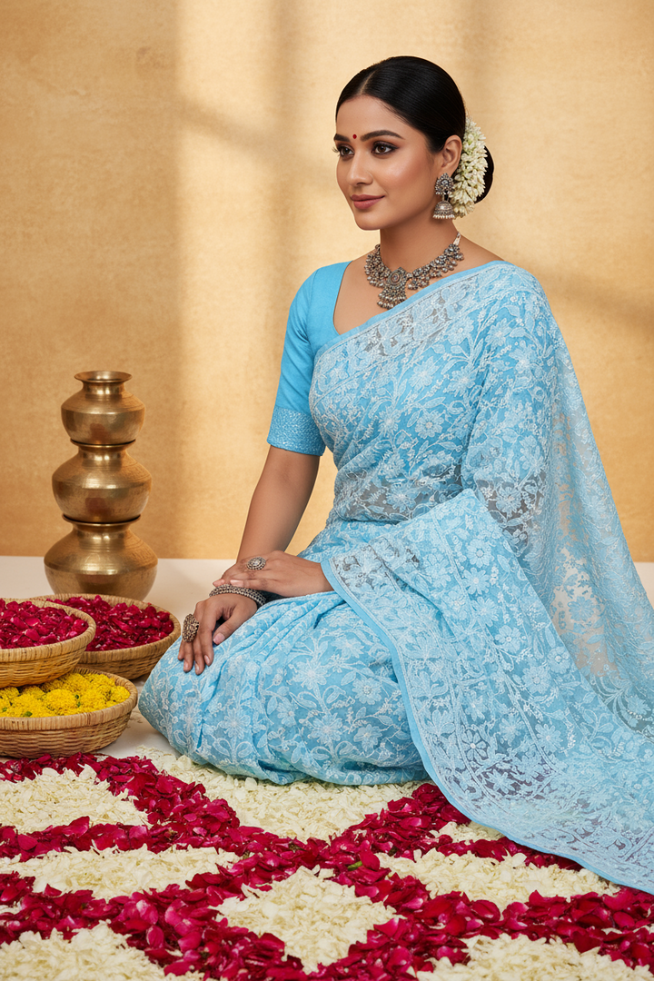 Gulzar Heavy Work Georgette Chikankari Saree