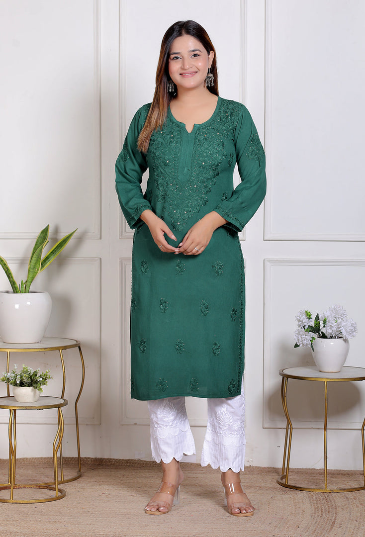 Nargis Rayon Mukaish Chikankari Kurta Green
