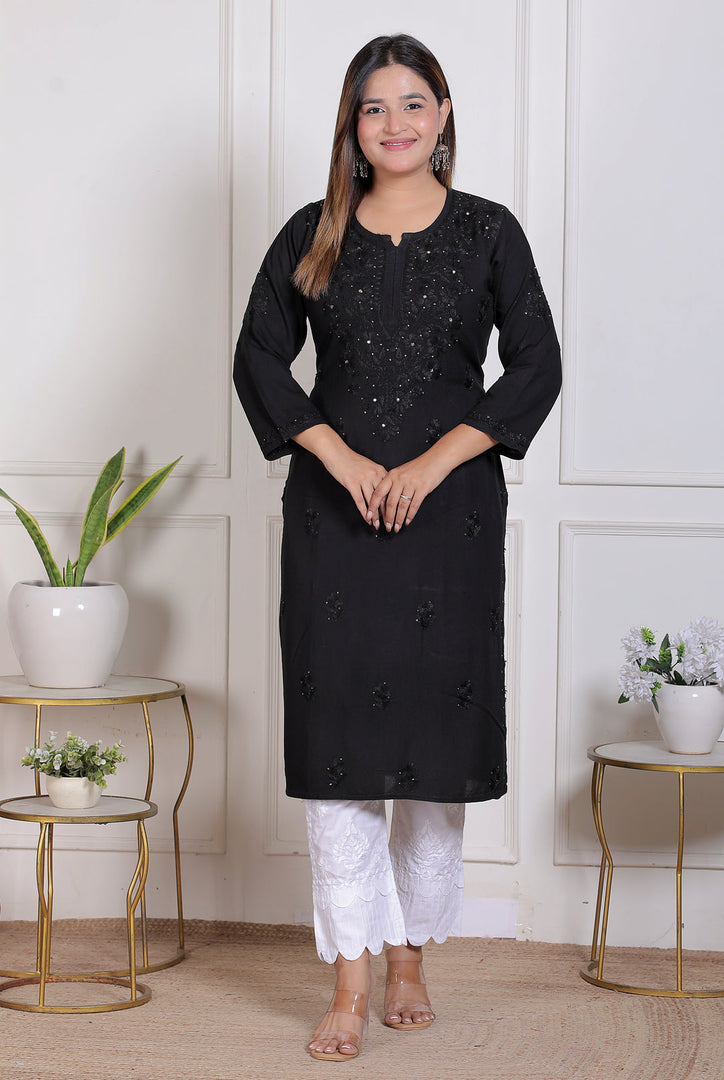 Nargis Rayon Mukaish Chikankari Kurta Black