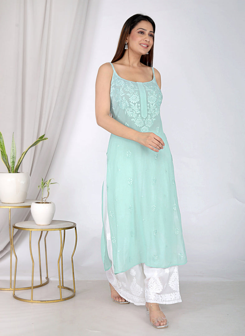 Viscose 3D Sleeveless Designer Kurti - The Lucknowi Chikan 