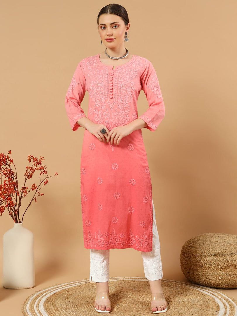 Joohi Ombre Straight Chikankari Kurti Peach