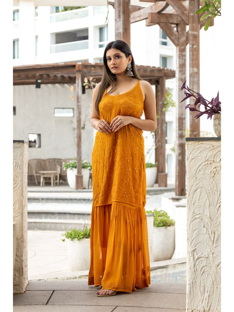 Fiza Designer Mukaish Chikankari Noodle Gharara Set