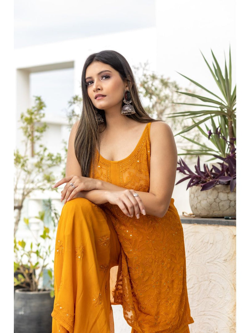 Fiza Designer Mukaish Chikankari Noodle Gharara Set