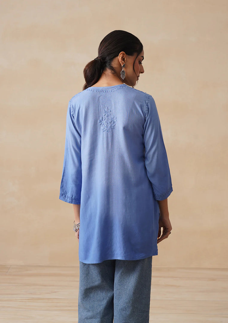Amina Rayon Short Chikankari Kurti -Jordy Blue