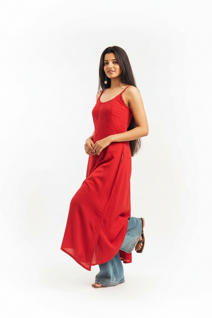 Jolly Strappy Chikankari Kurti - The Lucknowi Chikan 