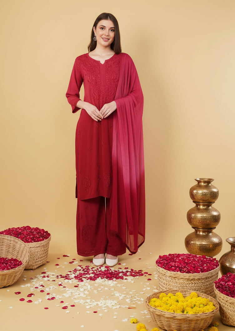 Bahar Ombre Rayon Chikankari Kurti Set Maroon