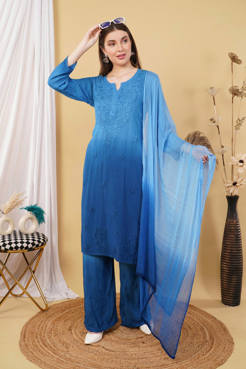 Bahar Ombre Rayon Chikankari Kurti Set Blue