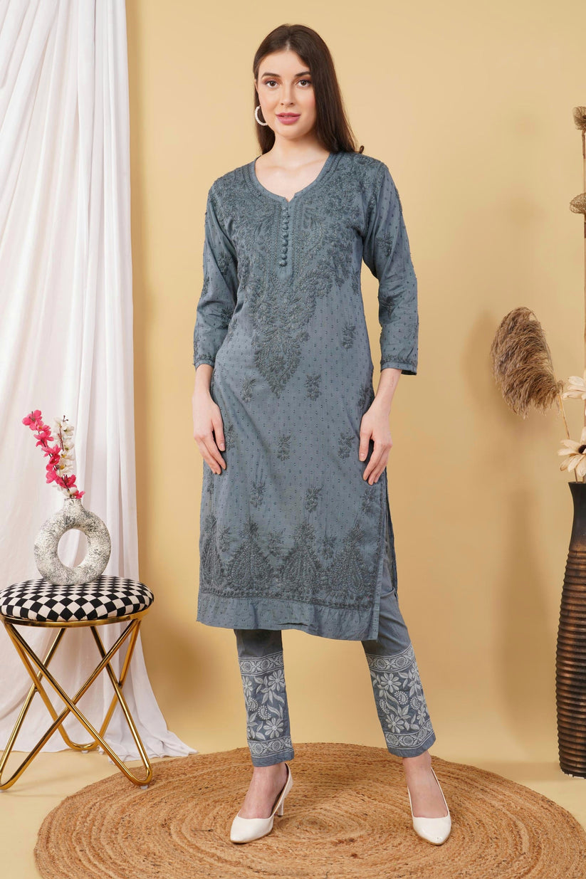 Isha Chrochet Dobby Chikankari Kurti Set