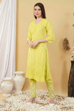 Load image into Gallery viewer, Isha Chrochet Dobby Chikankari Kurti Set Yellow

