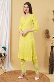 Isha Chrochet Dobby Chikankari Kurti Set Yellow