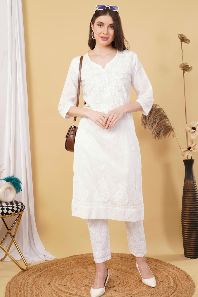 Isha Chrochet Dobby Cotton Kurti Set White