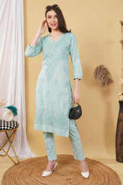 Isha Crochet Dobi Chikankari Co-Ord Set Sea Green Dobby Cotton