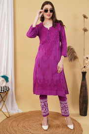 Isha Crochet Dobi Chikankari Co-Ord Set Purple Dobby Cotton