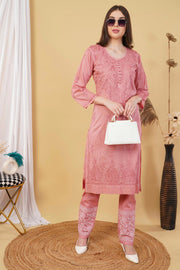 Isha Chrochet Dobby Chikankari Kurti Set Rose gold