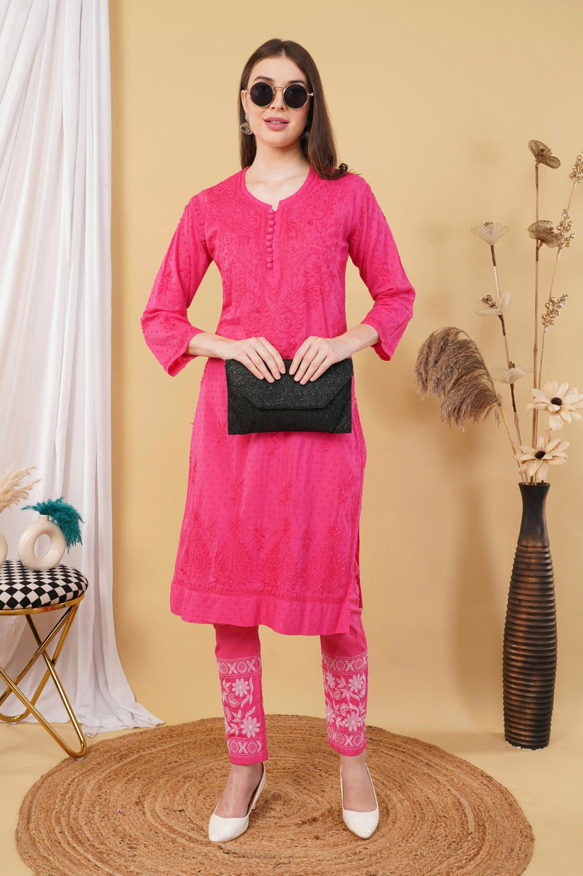 Isha Crochet Dobi Chikankari Co-Ord Set Mulberry Pink XS Dobby Cotton