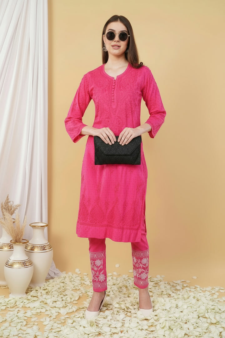 Isha Crochet Dobi Chikankari Co-Ord Set Mulberry Pink XS Dobby Cotton