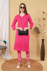 Isha Chrochet Dobby Chikankari Kurti Set Pink