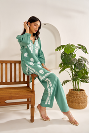 Ramila Modal Chikankari Co-ord Set Teal-Green