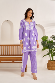 Ramila Modal Chikankari Co-ord Set Lavender XS