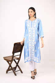 Nikhar Front Pannel Chikankari Kurti Sky Blue