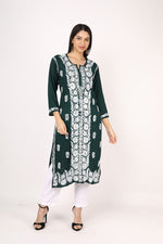 Load image into Gallery viewer, Nikhar Front Pannel Chikankari Kurti Dark Green
