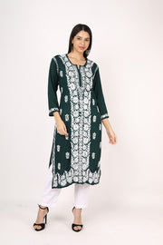 Nikhar Front Pannel Chikankari Kurti Dark Green