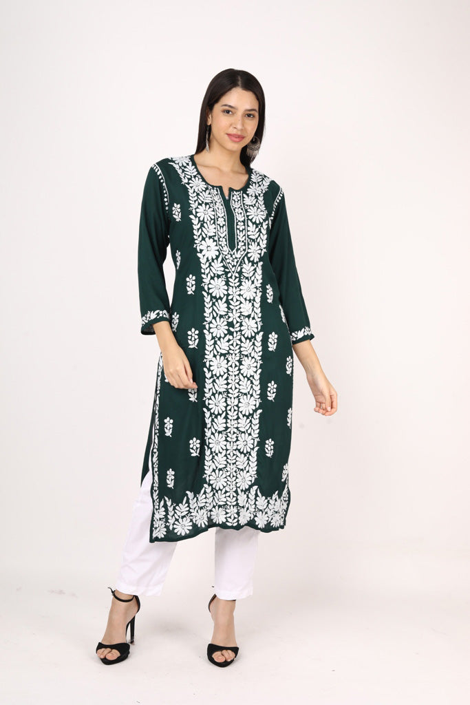 Nikhar Front Pannel Chikankari Kurti Dark Green