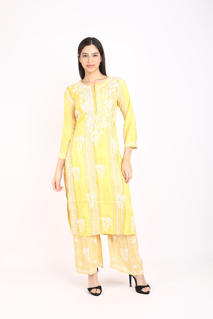 Rahi Slub Cotton Chikankari Co-ord Set Yellow Slub Modal Cotton