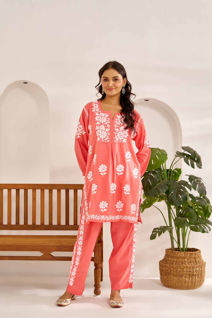 Ramila Modal Chikankari Co-ord Set Coral