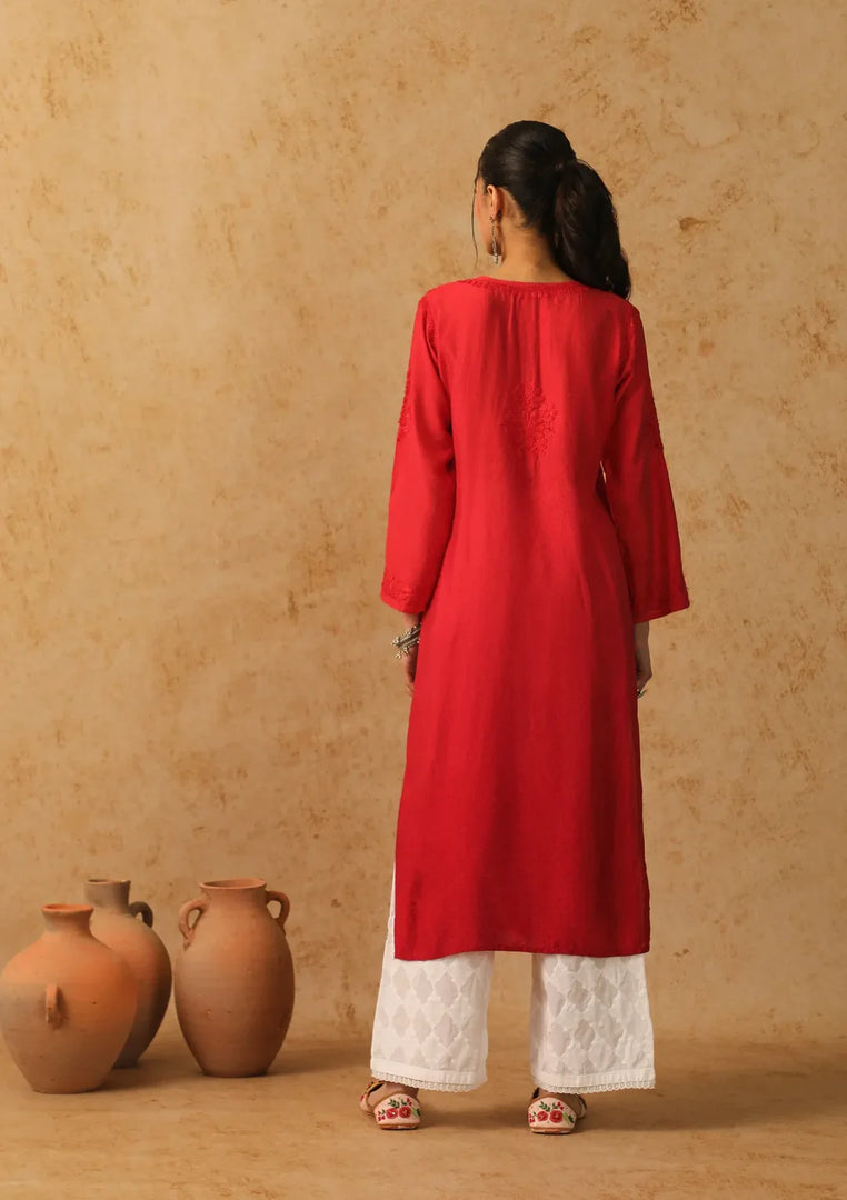 Jharna Chanderi Premium Chikankari Kurti - The Lucknowi Chikan 