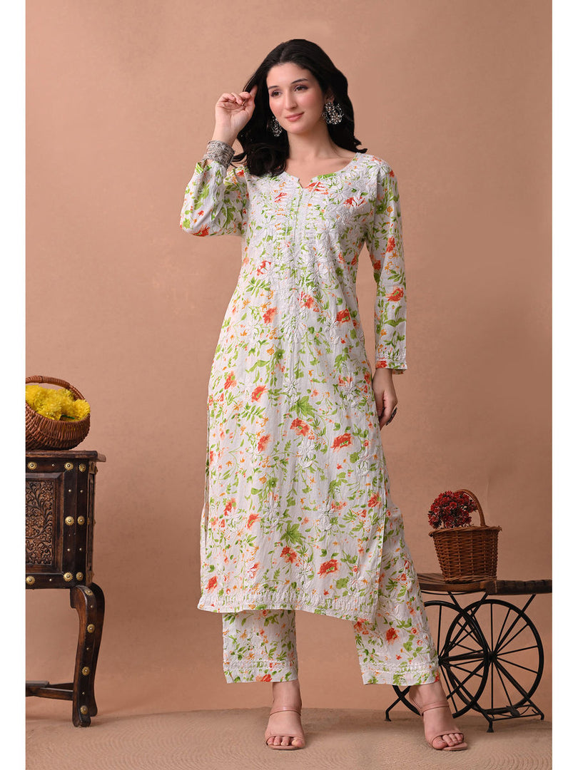 Shaher Floral Mul Mul Chikankari Kurti Set Peach