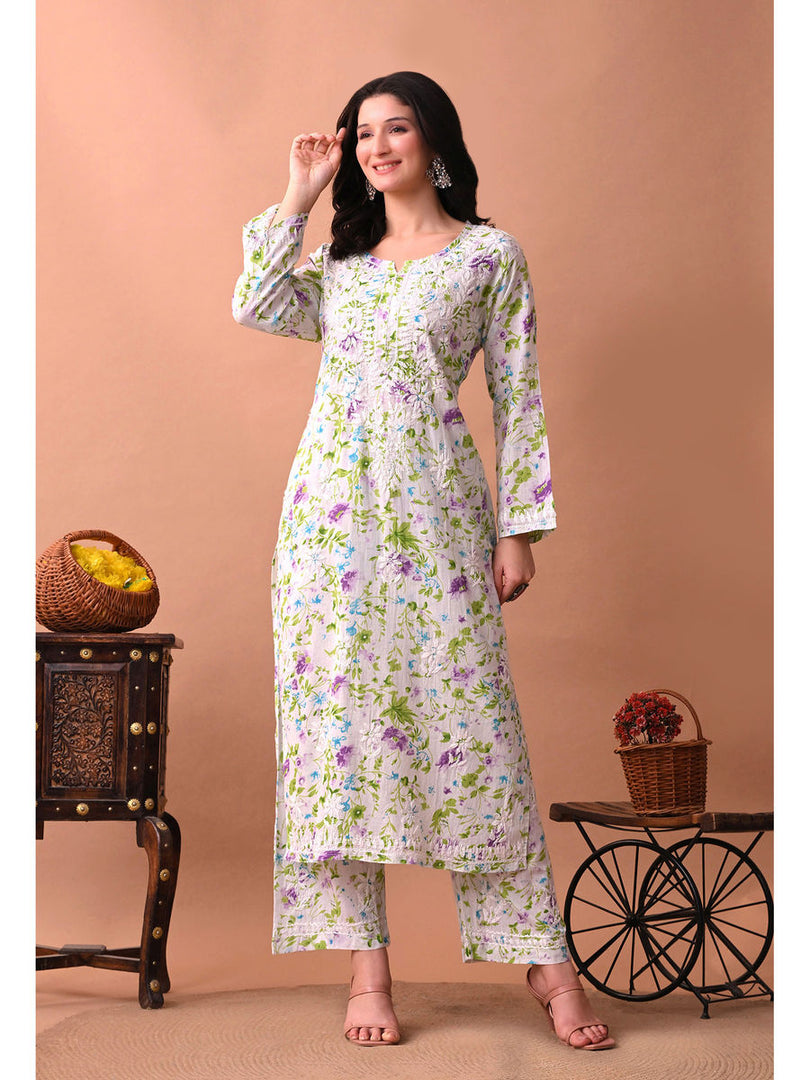 Shaher Floral Mul Mul Chikankari Kurti Set Purple