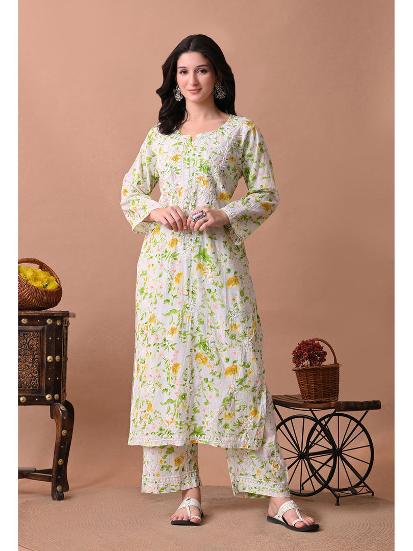 Shaher Floral Mul Mul Chikankari Kurti Set Yellow
