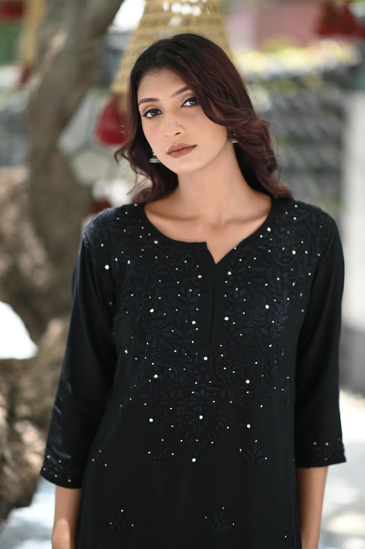 Ulfat Rayon Mukaish Chikankari Kurti- Black