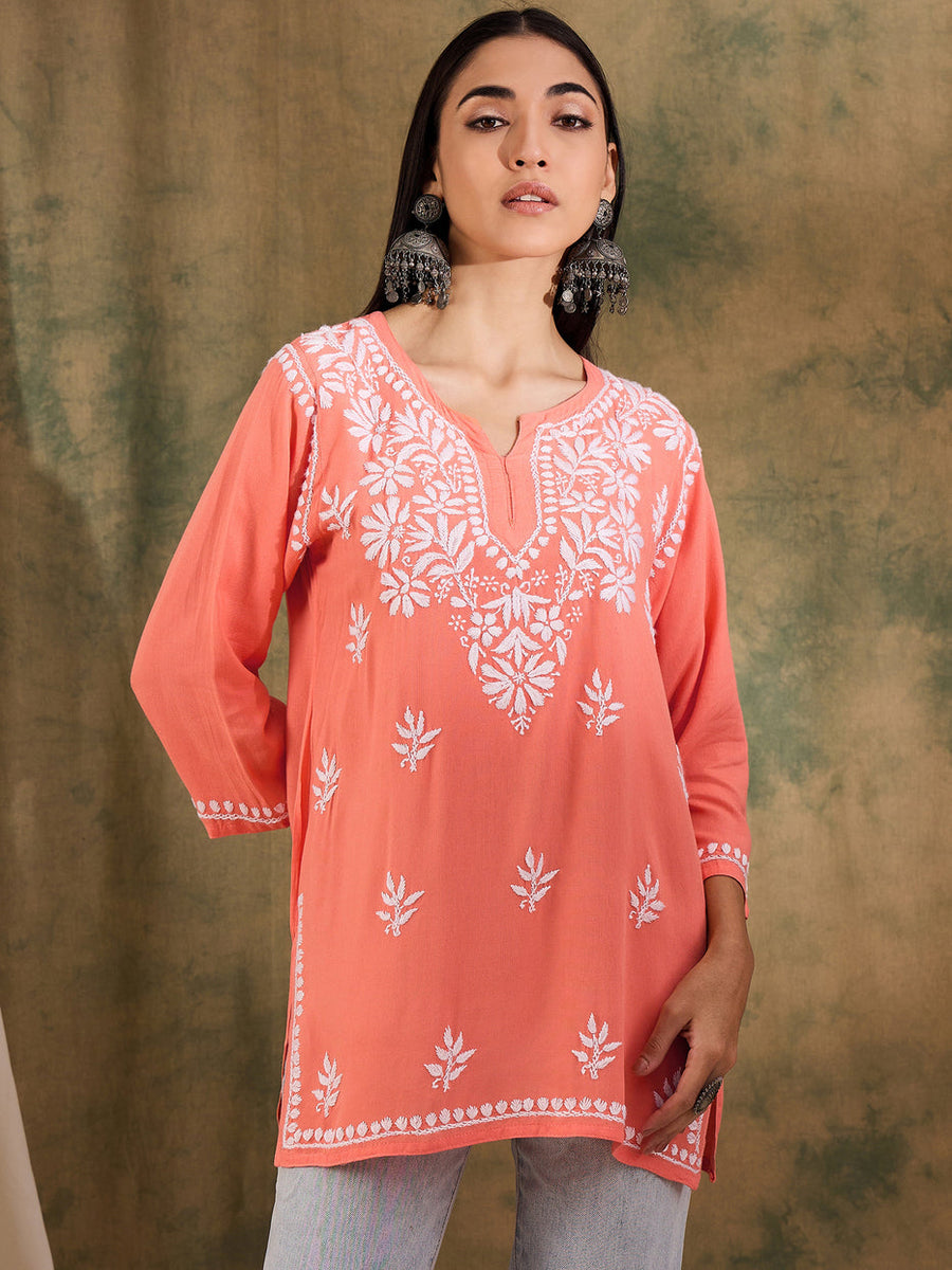 Haniya Premium Chikankari Short Top Peach Modal