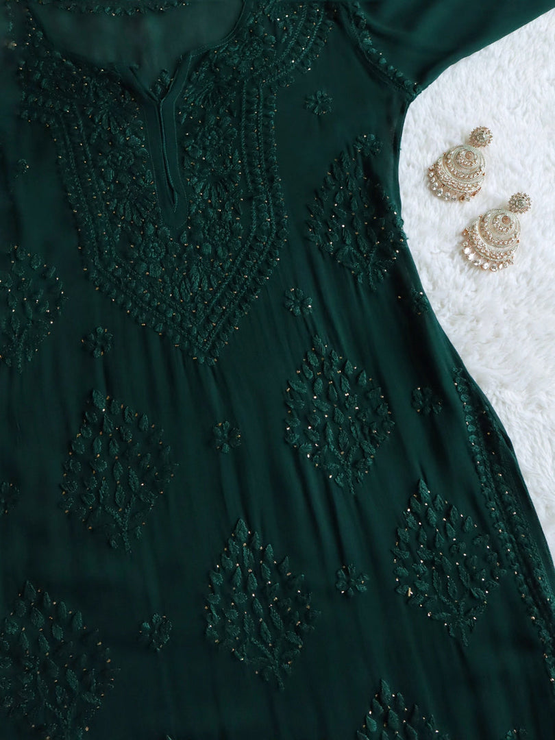 Haya Premium Viscose Luxury Chikankari Kurta Forest-Green