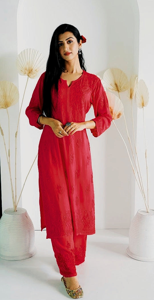 Palak Modal Dyed Premium Chikankari Kurti Set Red Modal Cotton