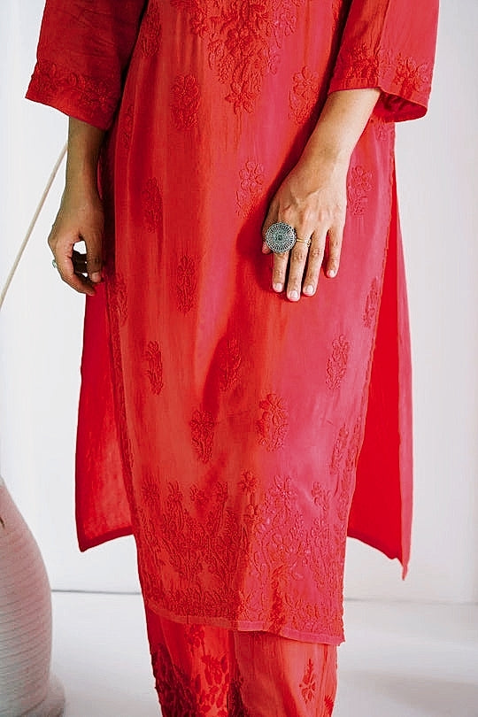 Palak Modal Dyed Premium Chikankari Kurti Set