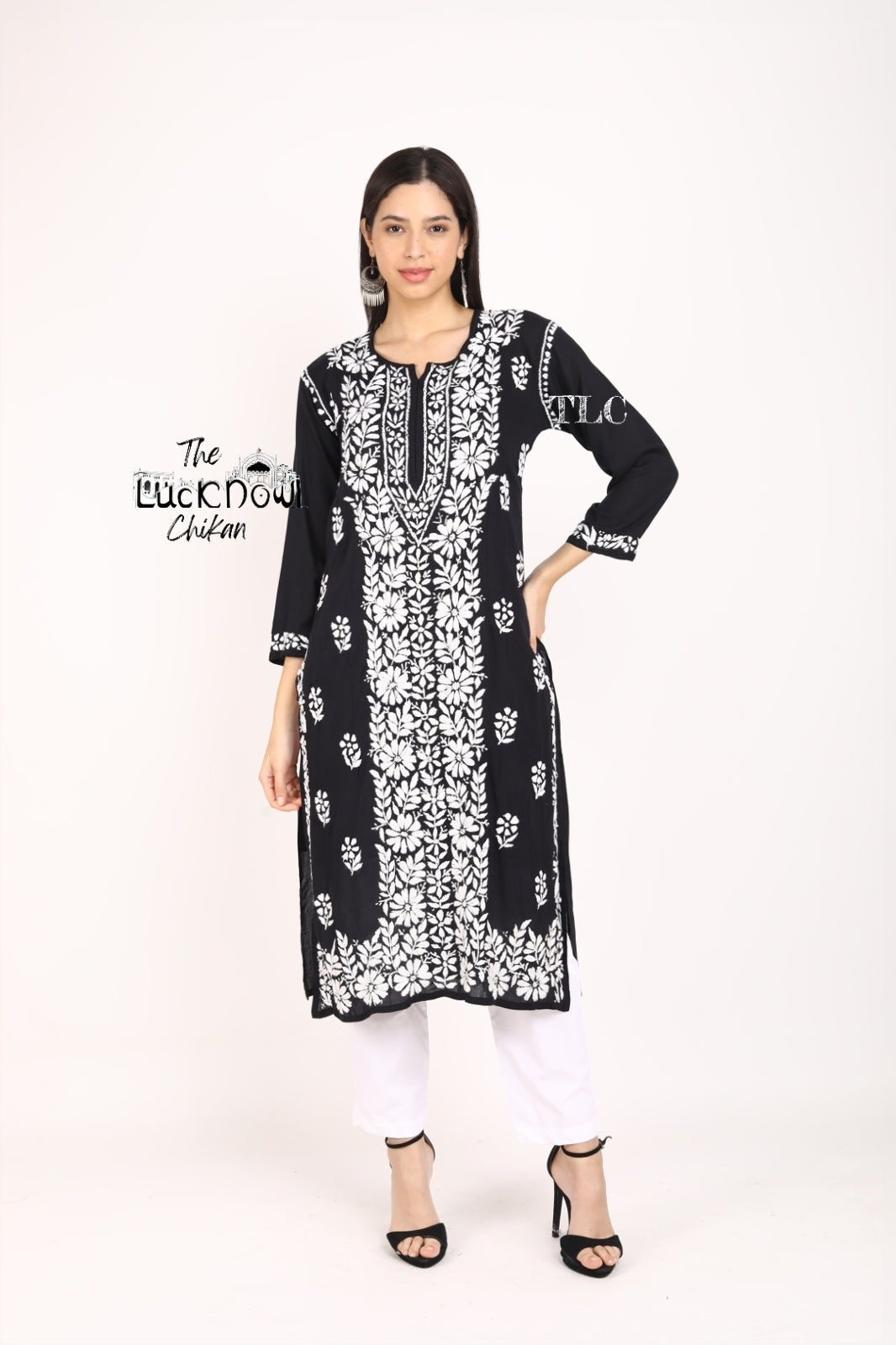 Nikhar Front Pannel Chikankari Kurti Black