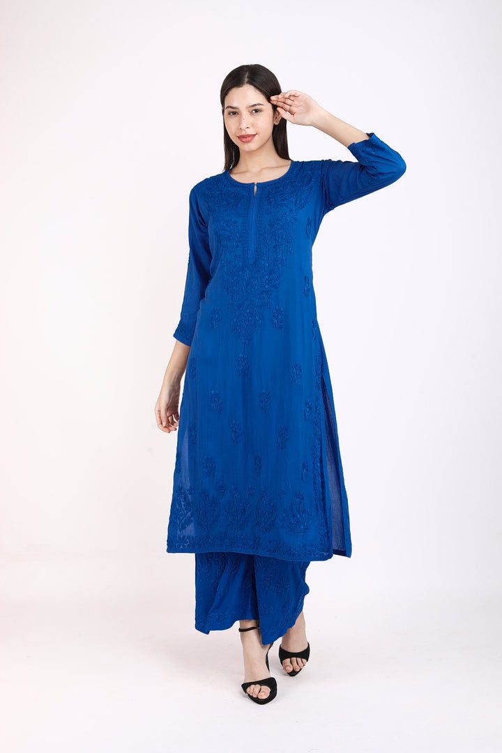 Palak Modal Dyed Premium Chikankari Kurti Set Royal Blue XS Modal Cotton