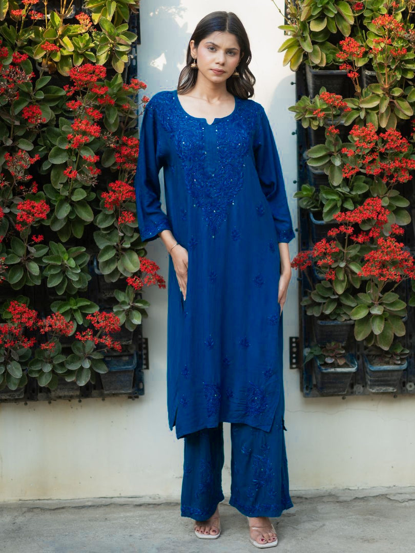 Ulfat Rayon Mukaish Chikankari Kurti Set-Maroon