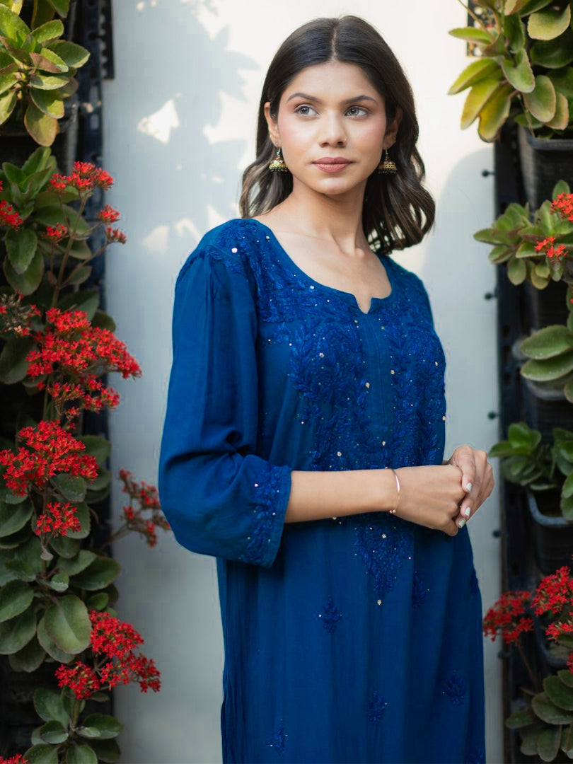 Ulfat Rayon Mukaish Chikankari Kurti Set-Maroon