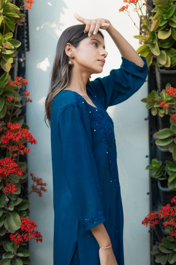 Ulfat Rayon Mukaish Chikankari Kurti Set-Maroon