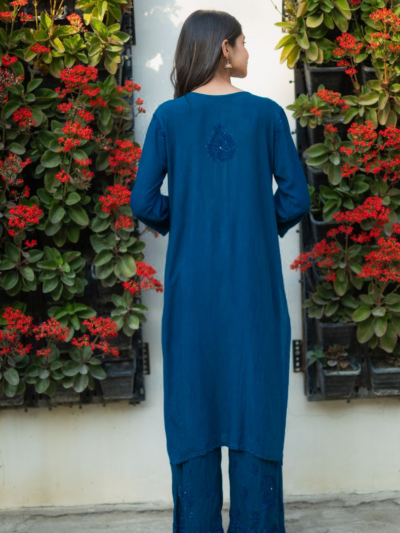 Ulfat Rayon Mukaish Chikankari Kurti Set-Maroon