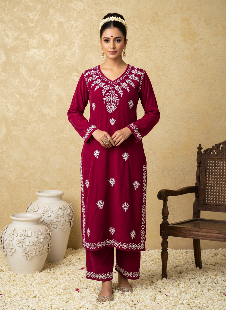 Ojhal Velvet Chikankari Kurti Pallazo Set